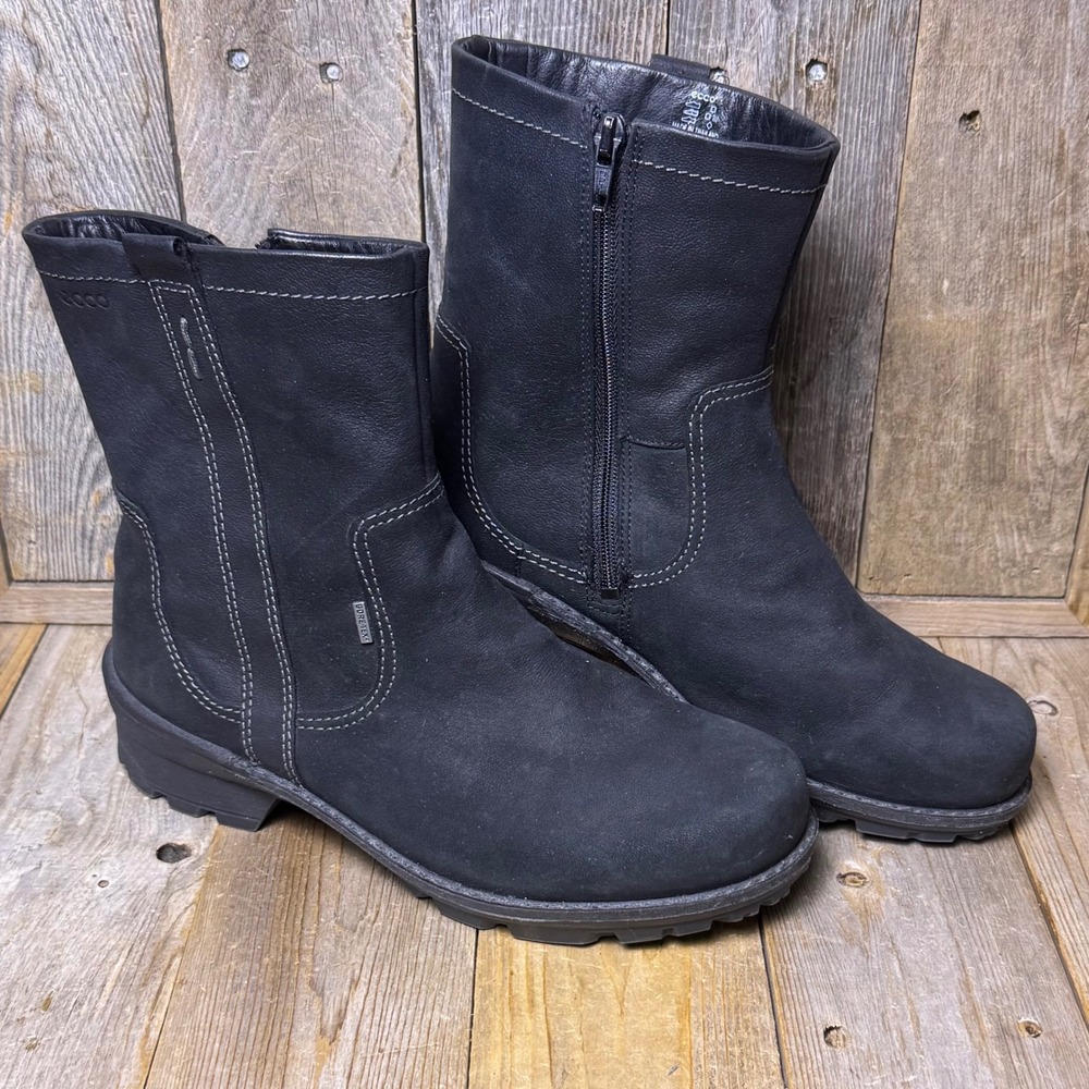 ECCO Gore-Tex Black Leather Mid-Calf Waterproof Boots Size 38 US 7-7.5